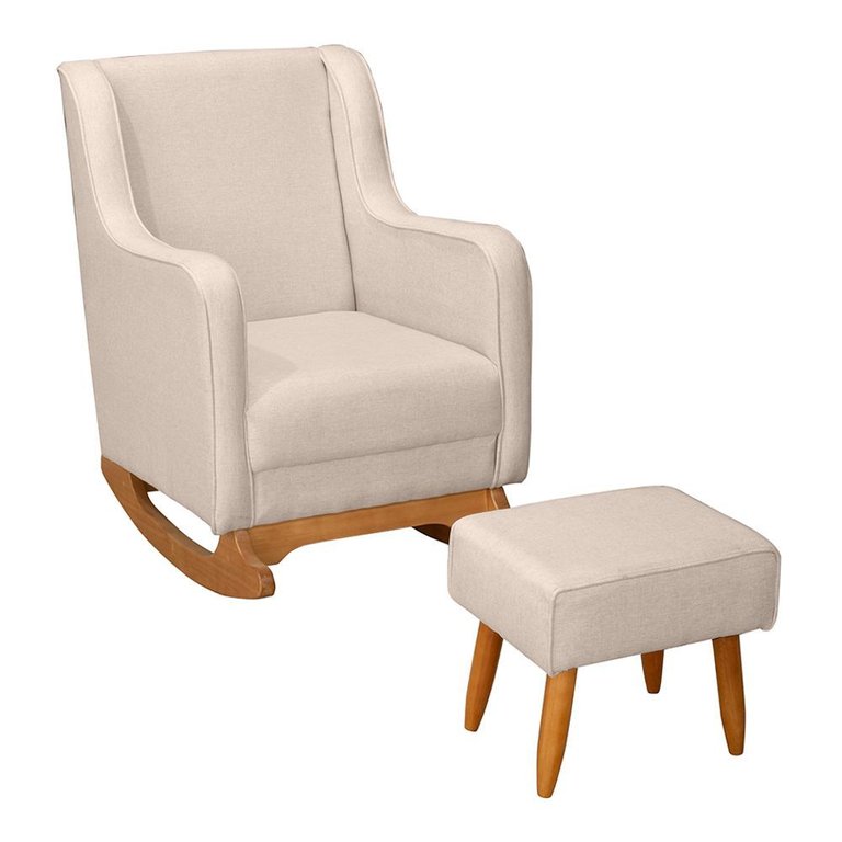 Poltrona de Amamentação e Descanso Áquilla com Base Balanço e Puff Linho Bege - Desk Design