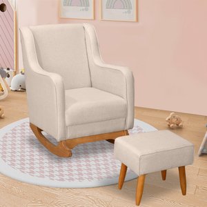Poltrona de Amamentação e Descanso Áquilla com Base Balanço e Puff Linho Bege - Desk Design
