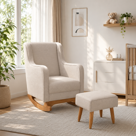 Poltrona de Amamentação e Descanso Áquilla com Base Balanço e Puff Linho Bege - Desk Design