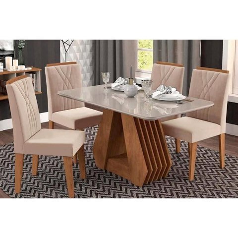 Conjunto: Mesa Sala Jantar Ágata Tampo Madeirado C/ Vidro 130x80 Cm e 4 Cadeiras Nicole Savana-