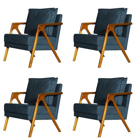 Kit 4 Poltronas Cadeira Mona Luxo Recepção - Suede Azul Marinho