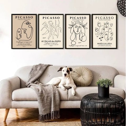 Kit 4 Quadros Decorativos Artes Picasso 45x34cm - com Vidro:madeira Branca