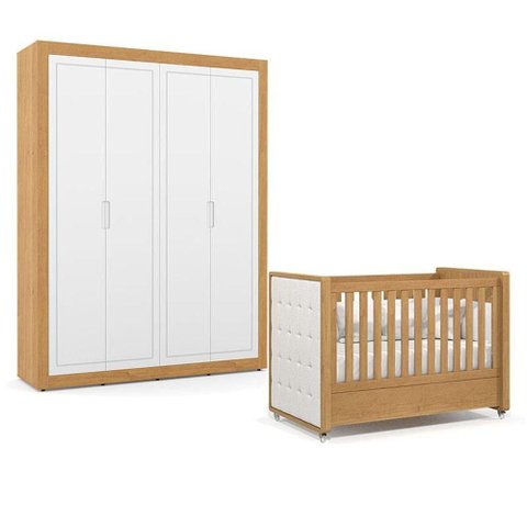 Berço Americano Capitonê New Boucle e Guarda Roupa Tutto New 4 Portas Freijó - Matic