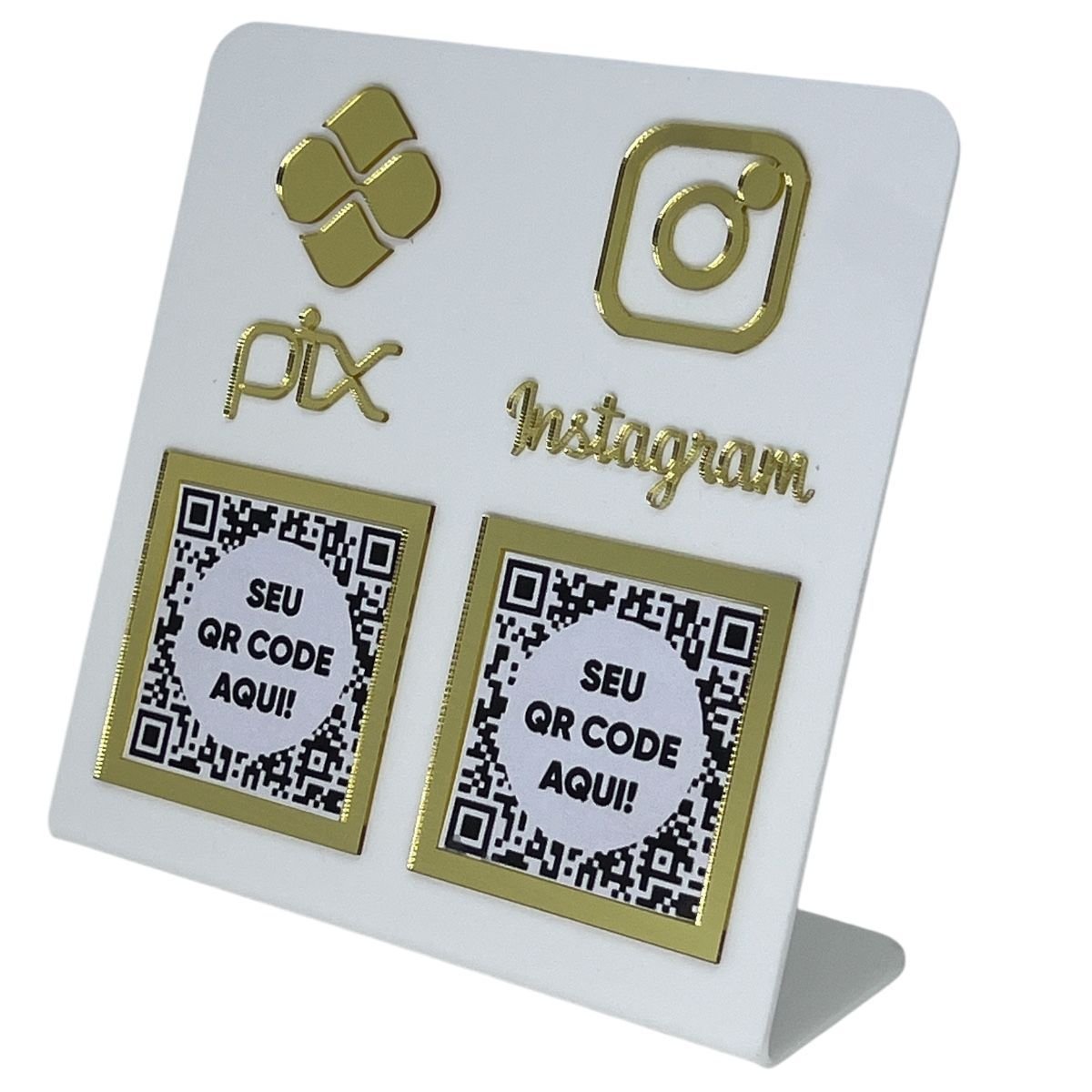 Placa Dupla Pix e Instagram Display Qr Code Acrílico Branco Dourado ...