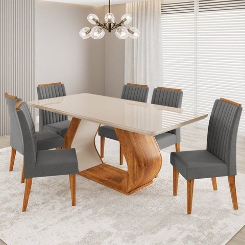 Conjunto Sala de Jantar 6 Lugares Retangular Tampo de Vidro e MDF Dai Yescasa Cinza/Mel/Off White