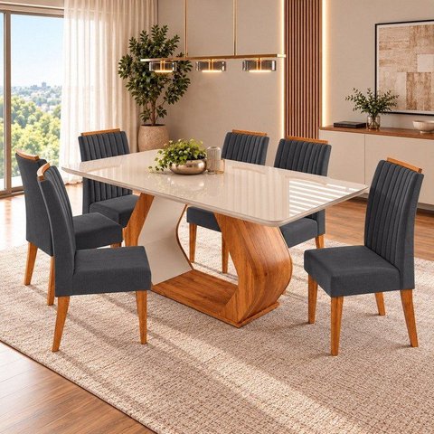 Conjunto Sala de Jantar 6 Lugares Retangular Tampo de Vidro e MDF Dai Yescasa Cinza/Mel/Off White
