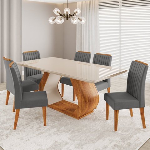 Conjunto Sala de Jantar 6 Lugares Retangular Tampo de Vidro e MDF Dai Yescasa Cinza/Mel/Off White