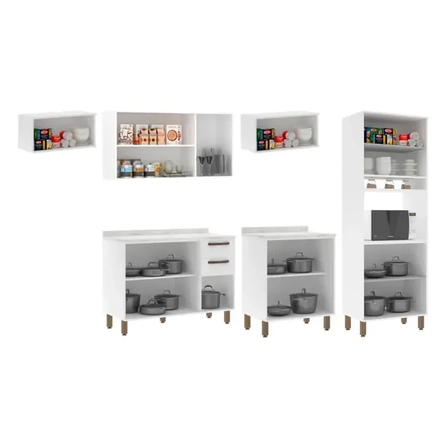 Cozinha Completa Modulada Compacta 6 Peças com Tampo Nicho Microondas Gabi Branco Luciane Móveis - 2