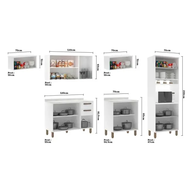 Cozinha Completa Modulada Compacta 6 Peças com Tampo Nicho Microondas Gabi Branco Luciane Móveis - 3