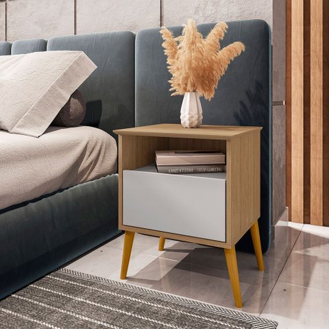 Mesa de Cabeceira Cancun 1 Gaveta Pés de Madeira Maciça Cinamomo/off-white