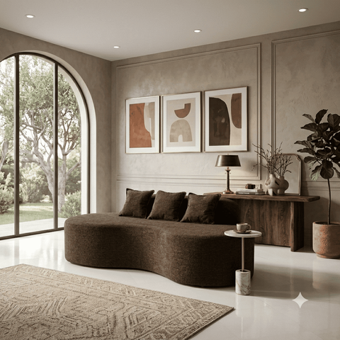 Sofá Tóquio Puff Orgânico Bouclé 200cm com 3 Almofadas Design Curvo Luxo para Sala e Recepção:Marrom