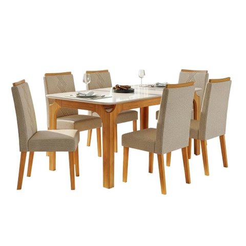 Conjunto Sala de Jantar Mesa Tampo em Vidro 1,60m Mel 6 Cadeiras Tati