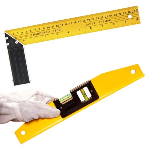 Nível de Mão Nivelamento Magnético Alumínio 12" X 30cm com Imã + Esquadro de Aço 12" Cabo Metálico