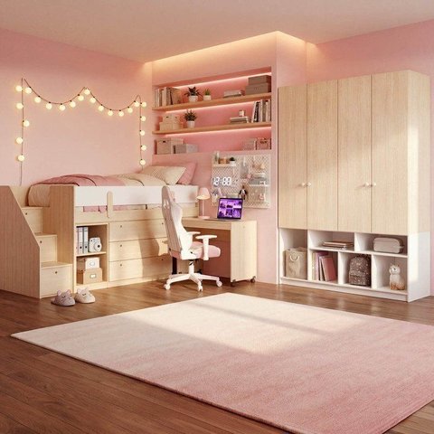 Cama Alta com Cômoda, Escrivaninha e Armário com Prateleiras Artsy e Guarda Roupa 4 Portas Curió Casatema MadeiraOriginals Natural
