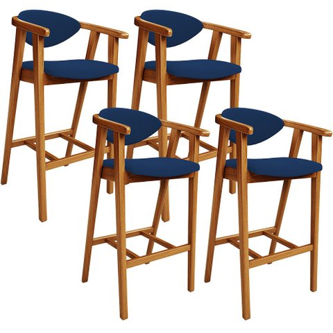 Kit 04 Banquetas Alta Cozinha Bancada Bar Sala de Jantar Fixa Cecília L02 Suede Azul Marinho - Lyam 