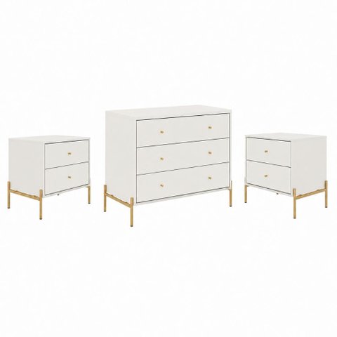 Conjunto Cômoda com 3 Gavetas e 2 Mesas de Cabeceira Jasper - Off White Fosco com Dourado