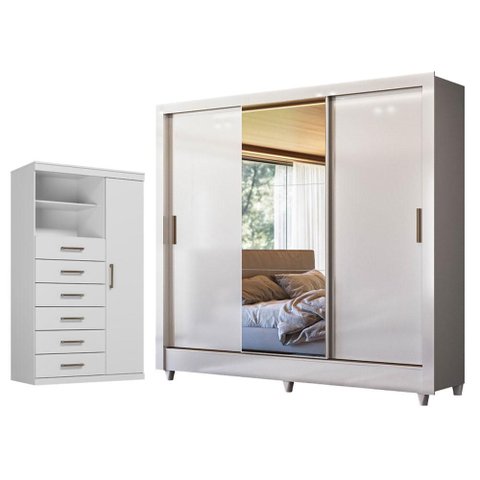 Guarda Roupa Casal Itália 3 Portas com Espelho e Pés e Cômoda Marabá Branco Brilho - Santos Andirá