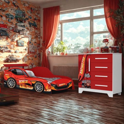 Quarto Infantil Design Carro P/ Meninos Cama Colchão Cômoda:vermelho