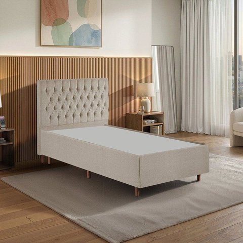 Kit Cama Box Solteiro e Cabeceira em Madeira Maciça Espresso Móveis Bege/Linho