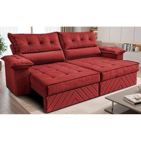 Sofá Retrátil e Reclinável 2,60m com Molas e Espuma D33 Thunder Velusoft Vermelho Cama Inbox
