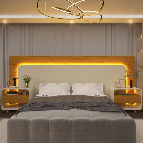 Cabeceira Extensível Lúmine 2 Gavetas com LED 100% MDF Naturale/Off White - Pnr Móveis