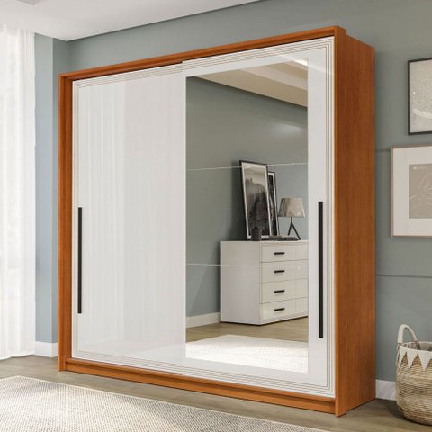 Guarda-roupa Casal Valência 2 Portas 2 Gavetas com Espelho Freijó/branco - Politorno