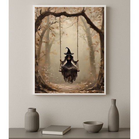 Quadro Decorativo Fotografia Bruxa no Balanço 24x18cm:moldura Branca