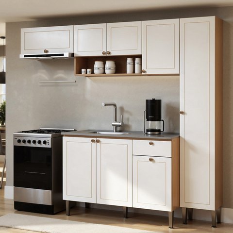 Cozinha Modulada 4 Peças em MDF com Paneleiro Funcional Frizz Branco/Cinamomo Fosco
