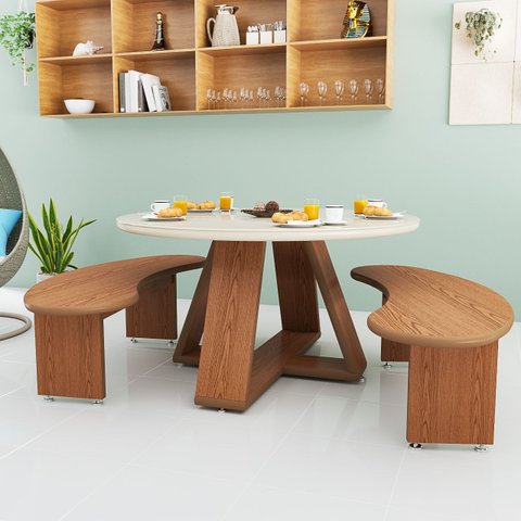 Mesa Redonda 90cm com 2 Bancos Curvos 120cm para Ambientes Modernos e Varandas