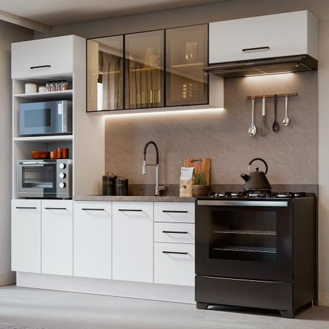 Armário de Cozinha Completa Agata 9 Portas 3 Gavetas MDP 270cm Branco Madesa