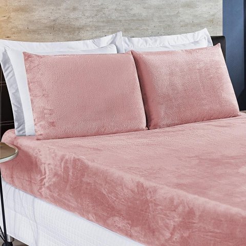 Jogo Cama Lençol Casa Scarpa Biasoft Casal Padrão Manta Flannel Quente 3 Peças - Rosa