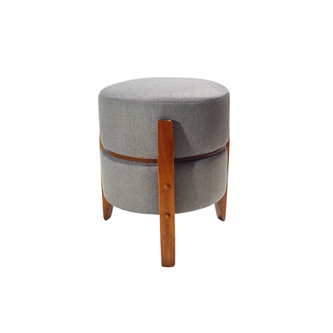 Puff Mumbai Estofado Redondo Vira Mesa Pés Madeira Maciça Cinza
