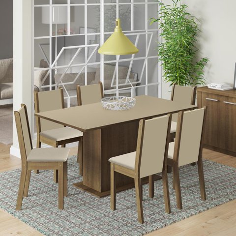 Conjunto Sala de Jantar Madesa Ohana Mesa Tampo de Madeira 6 Cadeiras - Rustic/crema/sintético Bege