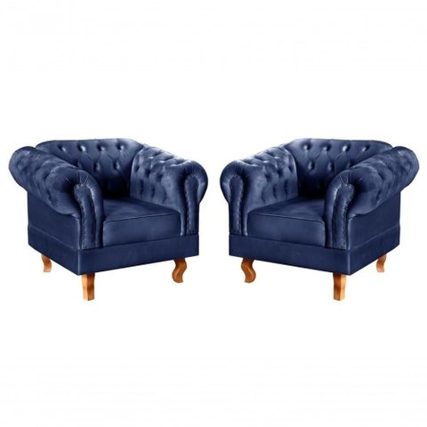 Conjunto 2 Poltronas Dom Pedro Veludo Pés Torneados Azul 210 Bella Decor