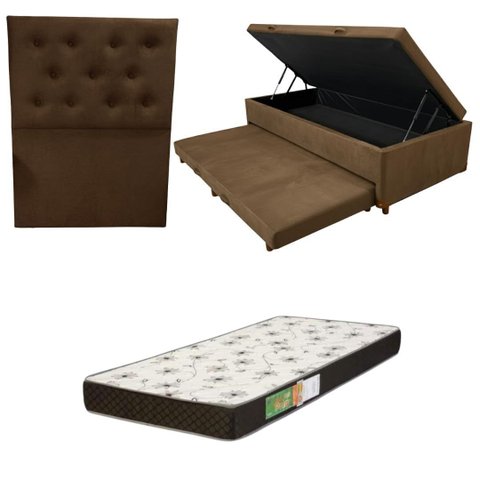 Cama Box Baú Solteiro com Auxiliar (bicama) + Colchão Solteiro Espuma D20 12cm | Kit Completo com Ca