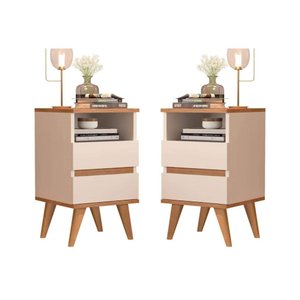 Conjunto 2 Mesa de Cabeceira 2 Gavetas Pés Palito Pop - Cm - Off White / Nature