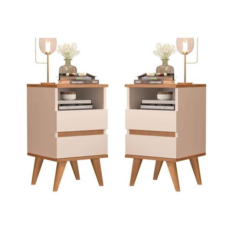 Conjunto 2 Mesa de Cabeceira 2 Gavetas Pés Palito Pop - Cm - Off White / Nature