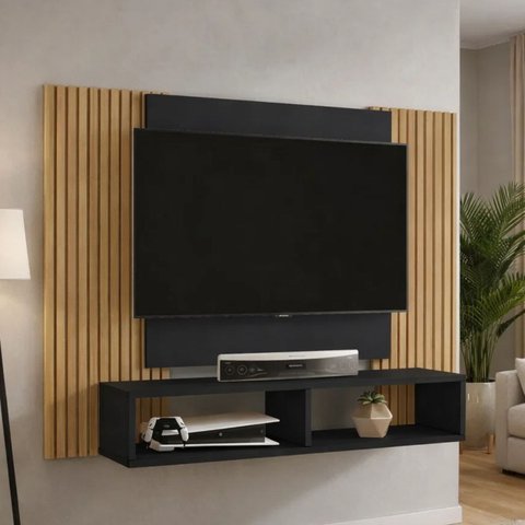 Painel Sala para Tv Navi até 48 Polegadas com Nicho:preto Fosco-ripado