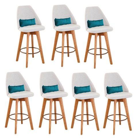 Kit 07 Banquetas Alta Maya Giratória Com Encosto Linho Bege Claro e Almofada Sintético Azul
