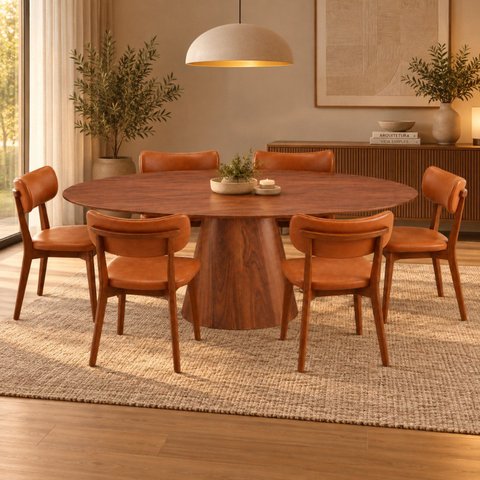 Conjunto Sala de Jantar Oval Genebra Castanho 140x90 6 Cadeiras Carinas Yescasa Courino