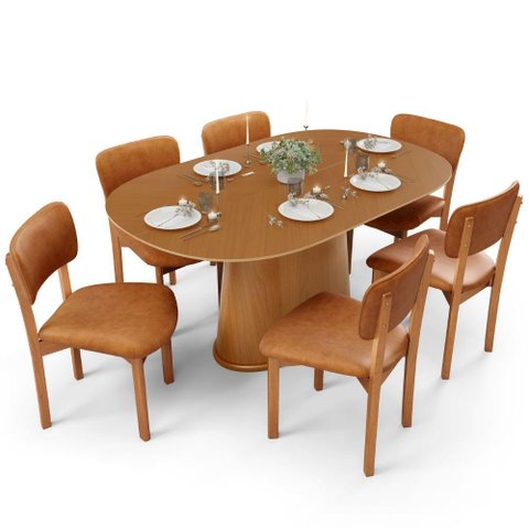 Mesa para Sala de Jantar Valência com 06 Cadeiras Sala de Jantar Dara L02 Couríssimo Canela - Lyam