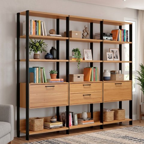 Estante Industrial Multiuso 2 Portas 2 Gavetas 100% MDF 185 x 216cm Marrom Freijó/Preto