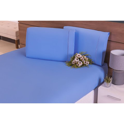 Jogo Lençol 3 Peças Cama Viúva 2,00mx1,10mx32cm 100% Algodão 200 Fios Ponto Palito Azul