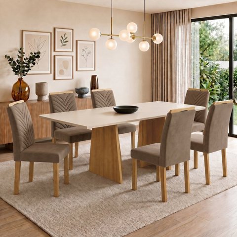 Conjunto Sala de Jantar 6 Lugares Retangular Tampo MDF 160x80cm Mesa Lyra e Cadeiras Carol