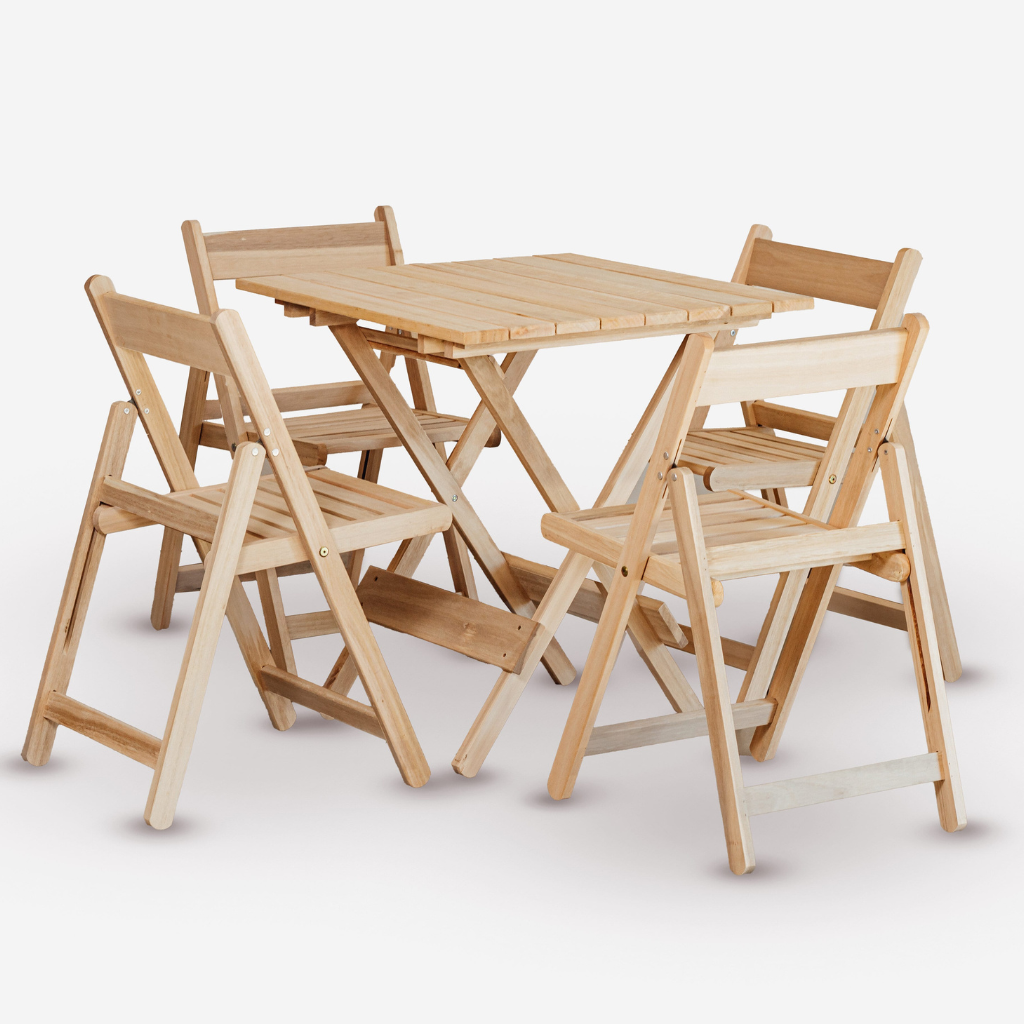 Conjunto de Mesa 70x70 e 4 Cadeiras Davos Dobrável Eucalipto sem Pintura Marcenaria Real