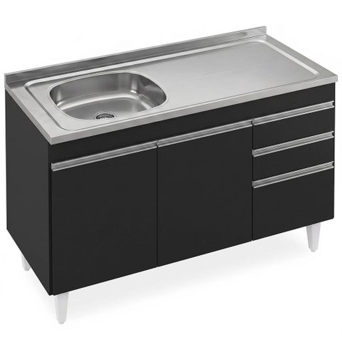 Balcão de Cozinha com Pia Inox Deslocada 120cm Ávila Preto L03 - Mpozenato