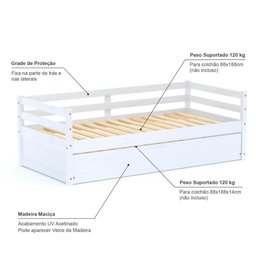 Bicama Infantil Dreams com Grade de Proteção Madeira Maciça Branco Megamobilia - 4