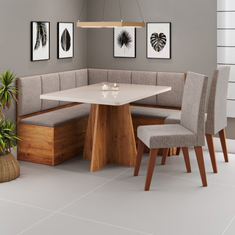 Conjunto Canto Alemao Baú Prestigio Mesa 120x80cm e 2 Cadeiras Milao Mel/off White/linho Kaki - Casa