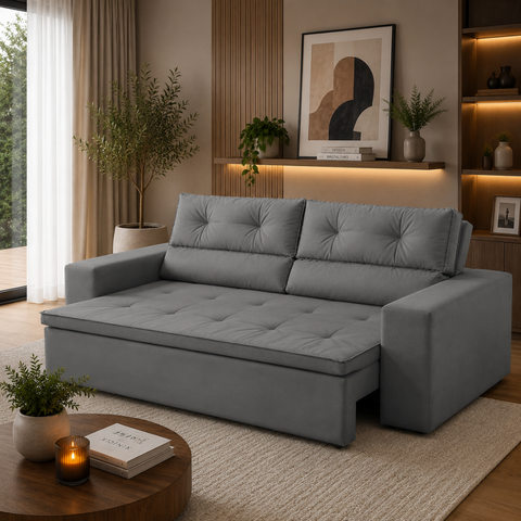 Sofá Retrátil 2 Lugares com Molas 1,50m Vera Suede Cinza