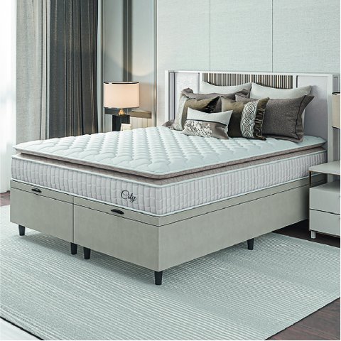 Cama Box Colchão Baú Casal King Molas Ensacadas City Pillow Top 193x203x64cm Bege / Branco Hellen